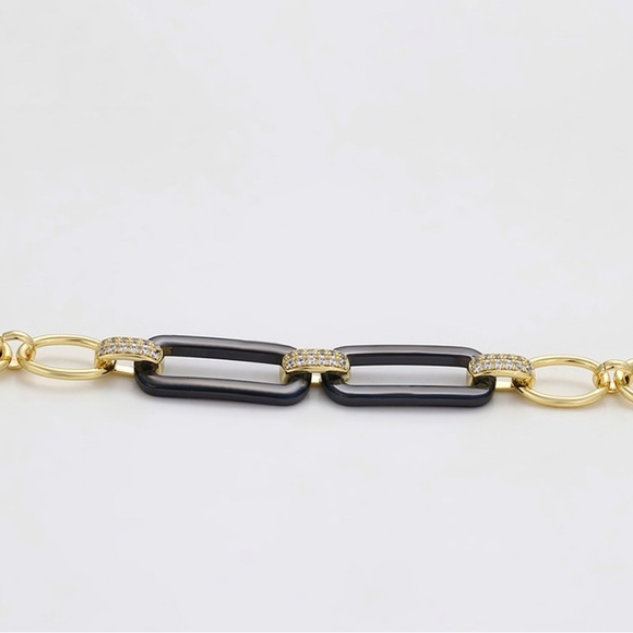 Paperclip Chain Bracelet 14k Gold Plated w/ Cubic Zirconia - Picture 2 of 10